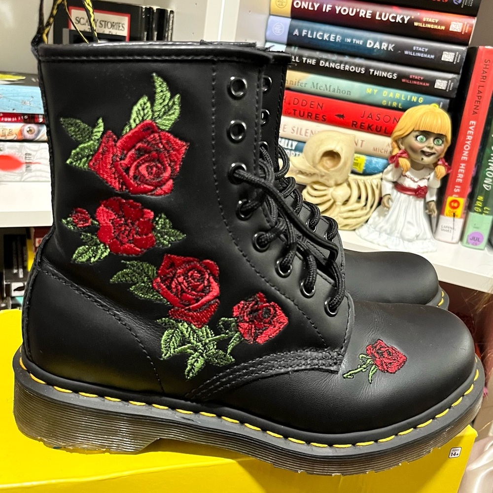 Dr. Martens Black Boots with Red Floral Embroidery Combat Boots
